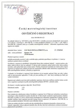 FAT MAX INSTALATÉRSTVÍ s.r.o. - Český metrologický institut - Osvědčení o registraci